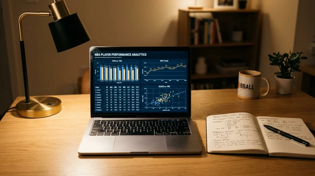 Computador portátil com gráficos estatísticos de basquetebol e caderno de notas