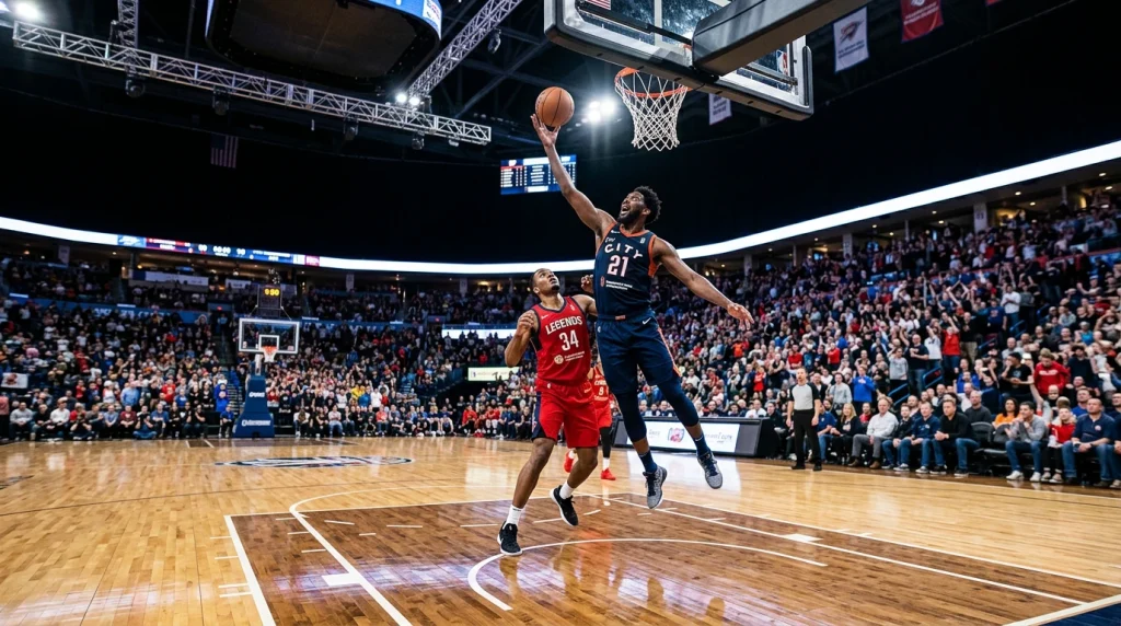 Ecrã de telemóvel com apostas ao vivo durante jogo de basquetebol numa arena iluminada