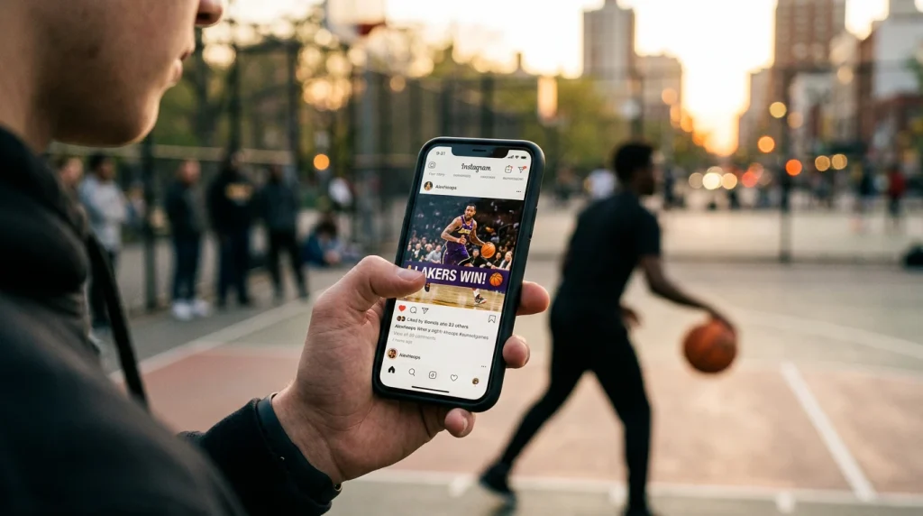 Telemóvel na mão com ecrã iluminado e bola de basquetebol em segundo plano