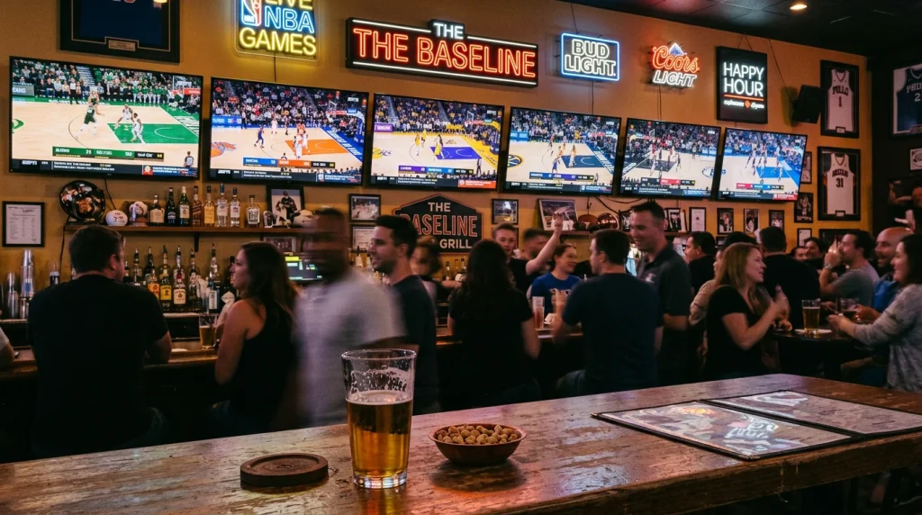 Vários jogos de basquetebol em ecrãs múltiplos num ambiente de bar desportivo