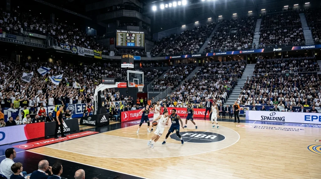 Jogo de basquetebol europeu num pavilhão com bancadas e iluminação interior