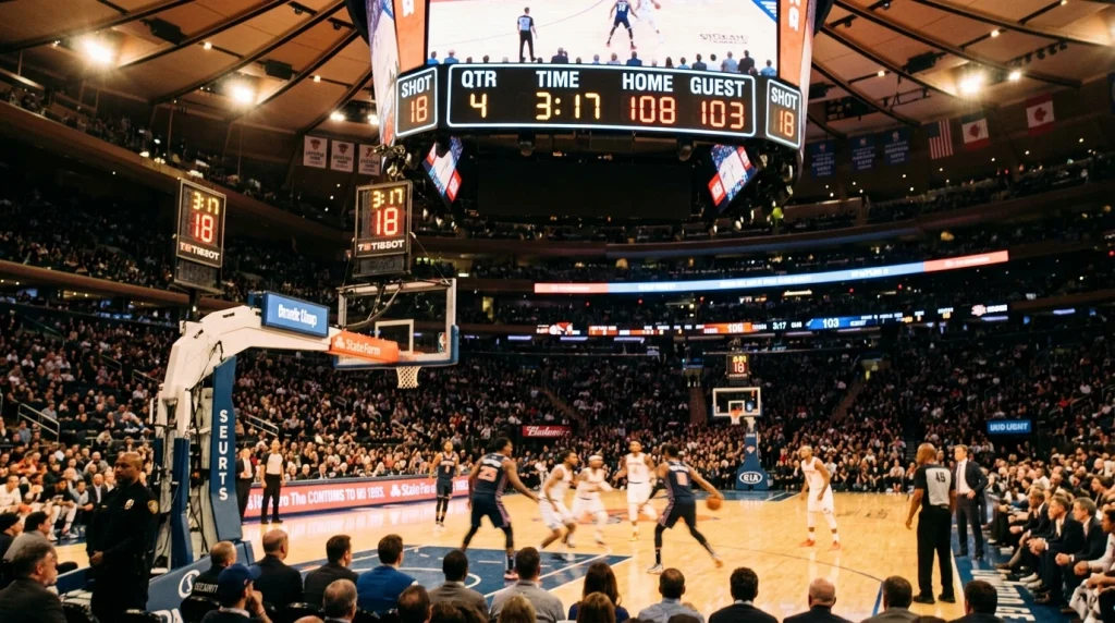 Relógio de jogo de basquetebol a mostrar o tempo de quarto num pavilhão