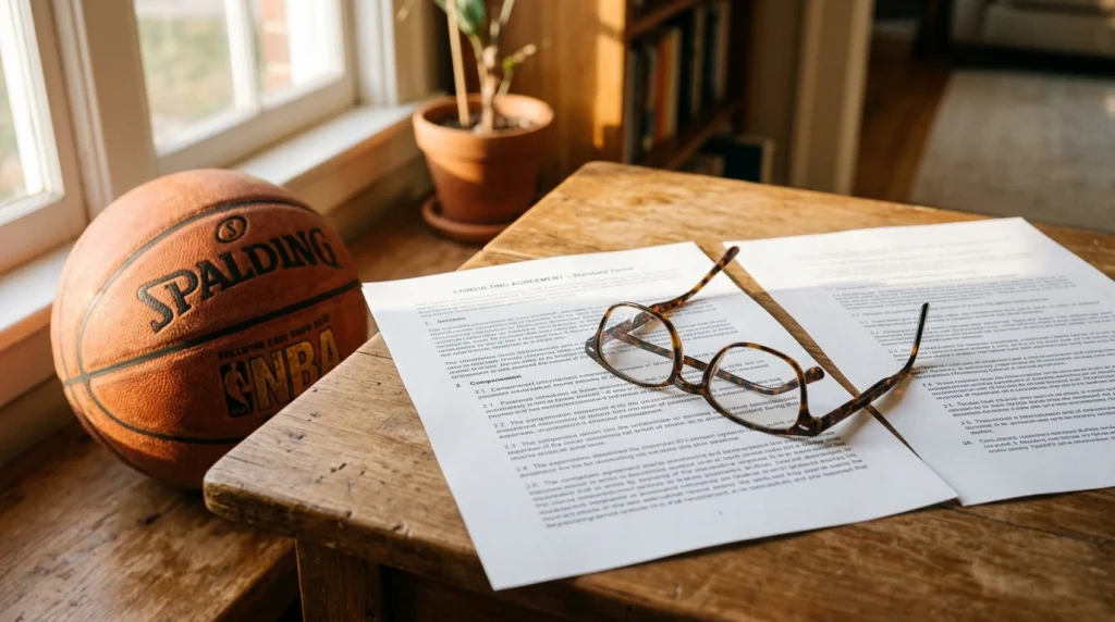 Documento com termos e condições sobre mesa ao lado de bola de basquetebol