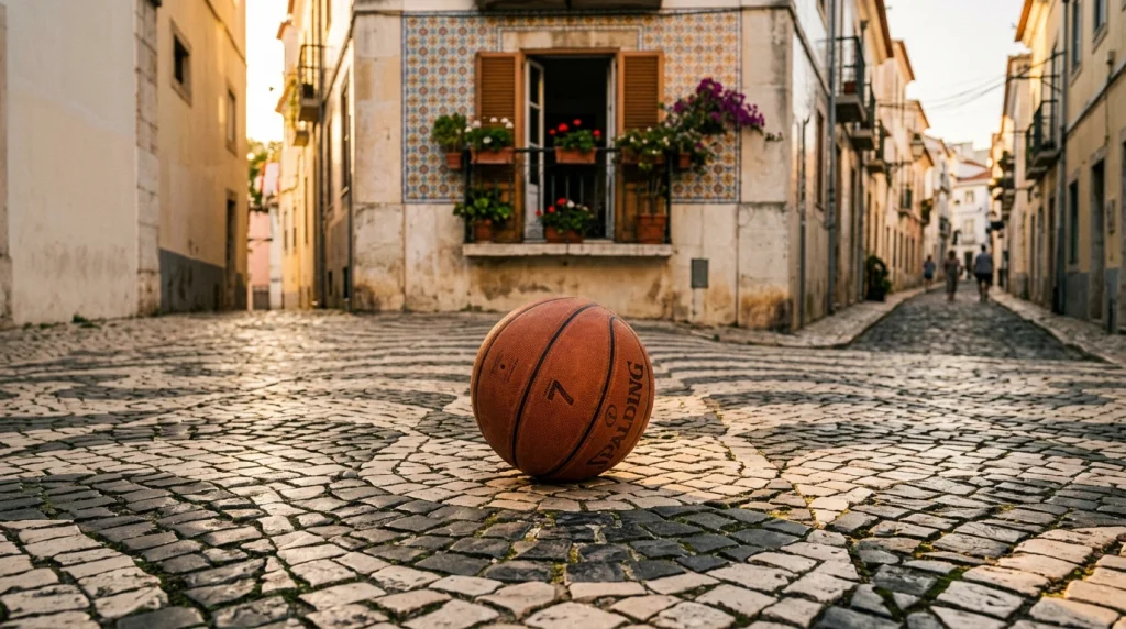 Bola de basquetebol sobre pavilhão desportivo com bandeira de Portugal ao fundo