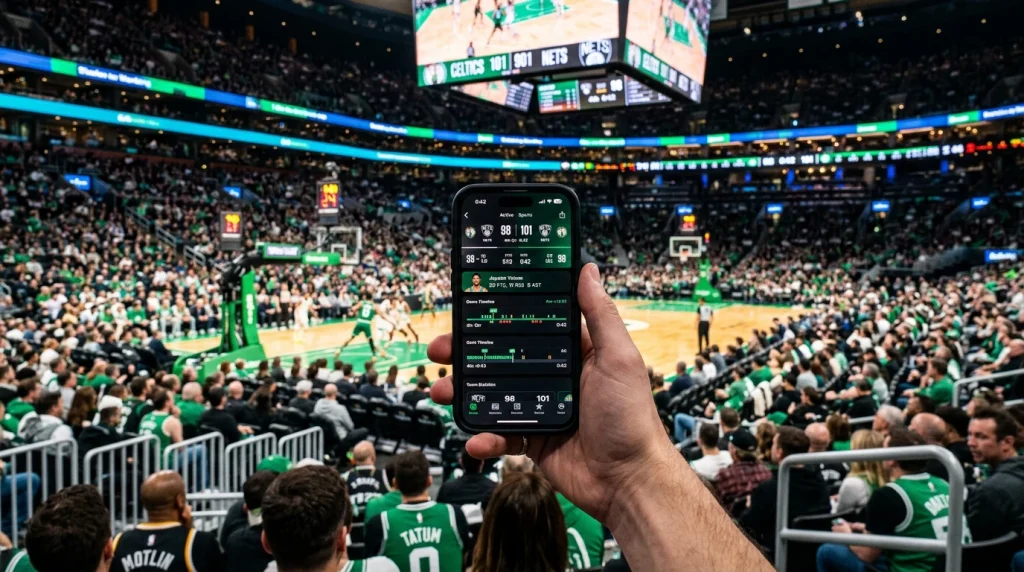 Mão a segurar telemóvel durante jogo de basquetebol num pavilhão com iluminação viva