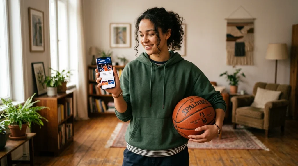 Pessoa a segurar bola de basquetebol e telemóvel num ambiente descontraído