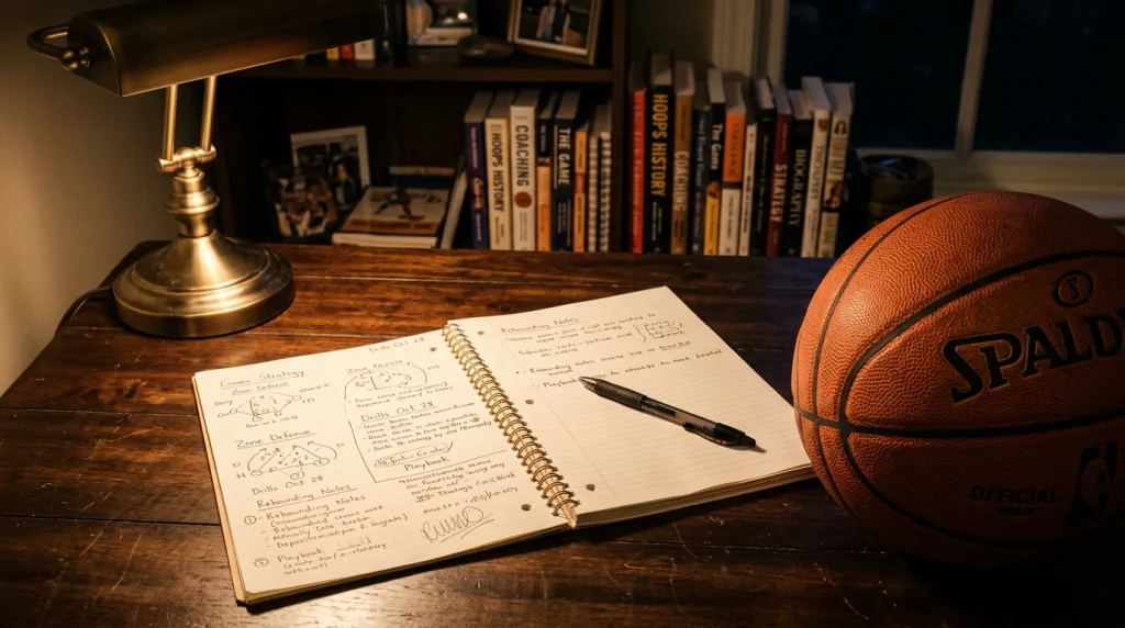 Bola de basquetebol junto a caderno de estratégias e análise estatística de apostas