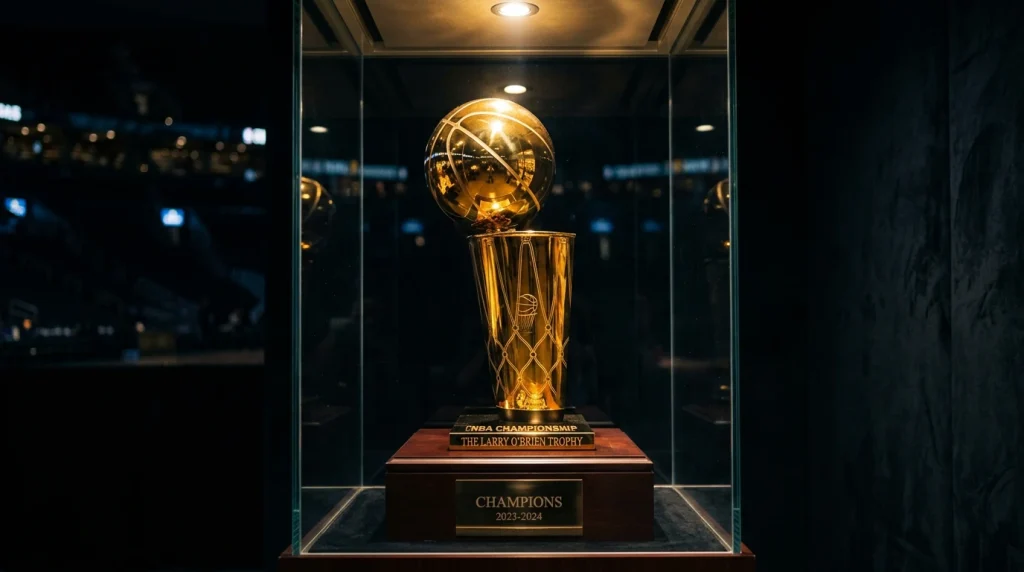 Troféu de basquetebol iluminado num expositor com fundo escuro
