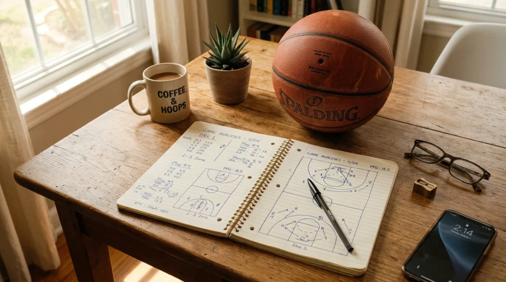 Caderno aberto com anotações numéricas e bola de basquetebol sobre secretária de madeira