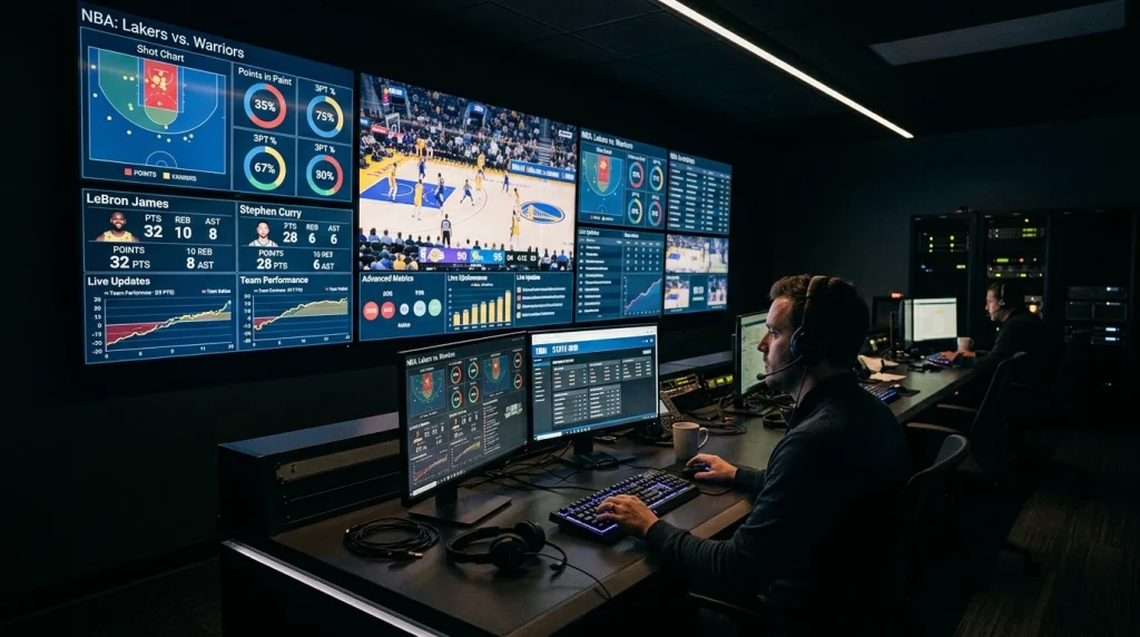 Sala de monitorização com múltiplos ecrãs a exibir dados de jogos de basquetebol