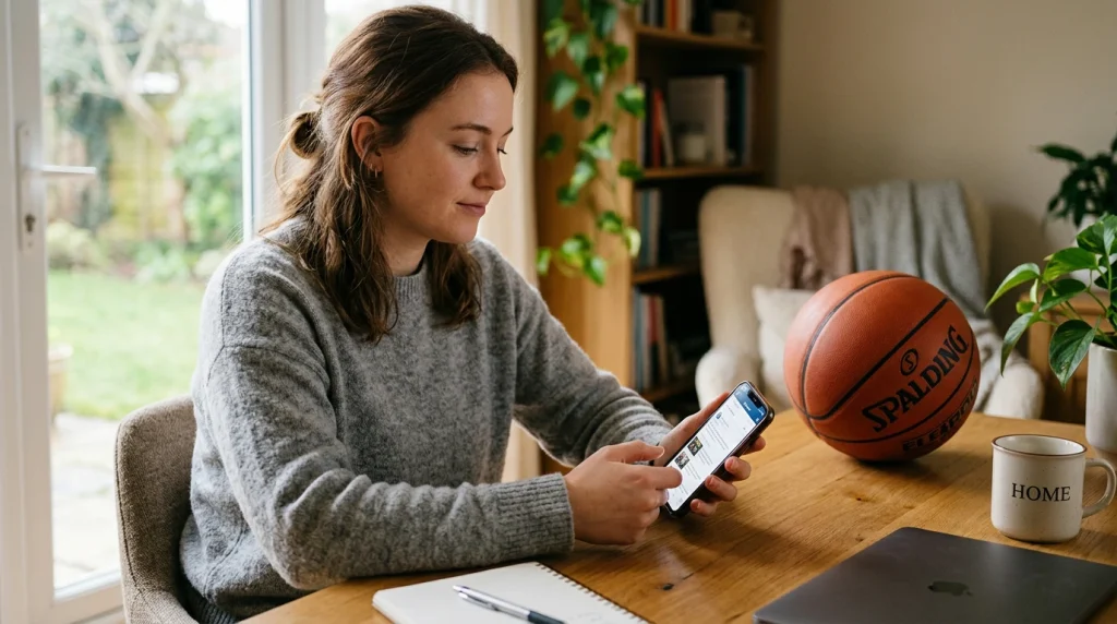 Pessoa a utilizar telemóvel numa sala iluminada com bola de basquetebol na mesa