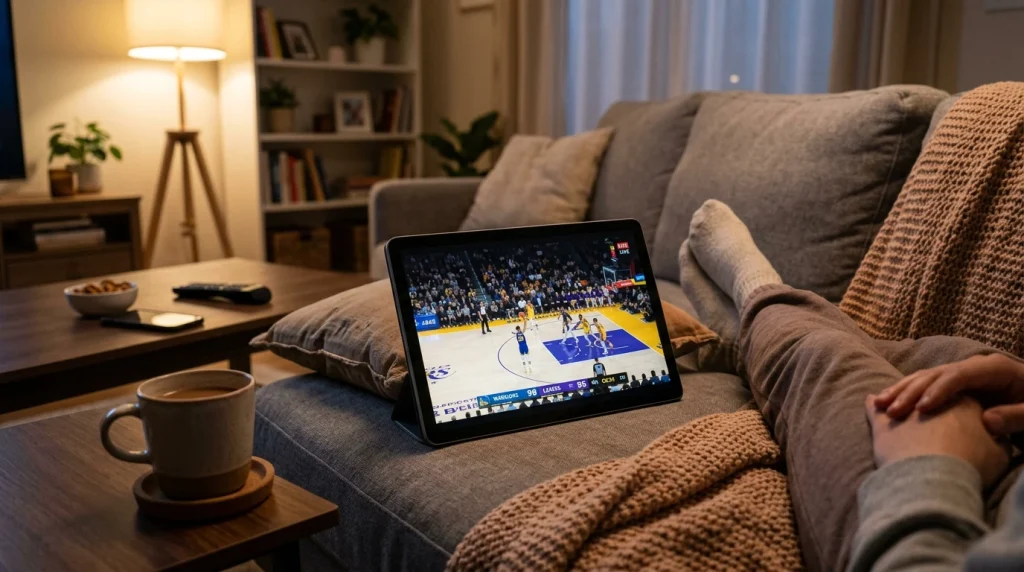 Tablet a transmitir jogo de basquetebol em direto num sofá com ambiente doméstico