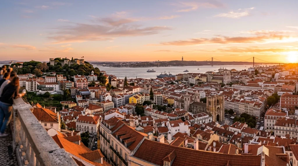 Vista panorâmica de Lisboa com o rio Tejo e telhados tradicionais ao entardecer