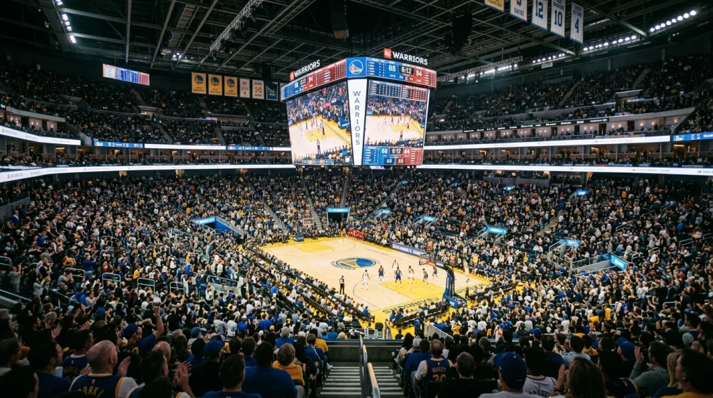 Pavilhão de basquetebol americano com bancadas cheias e iluminação intensa
