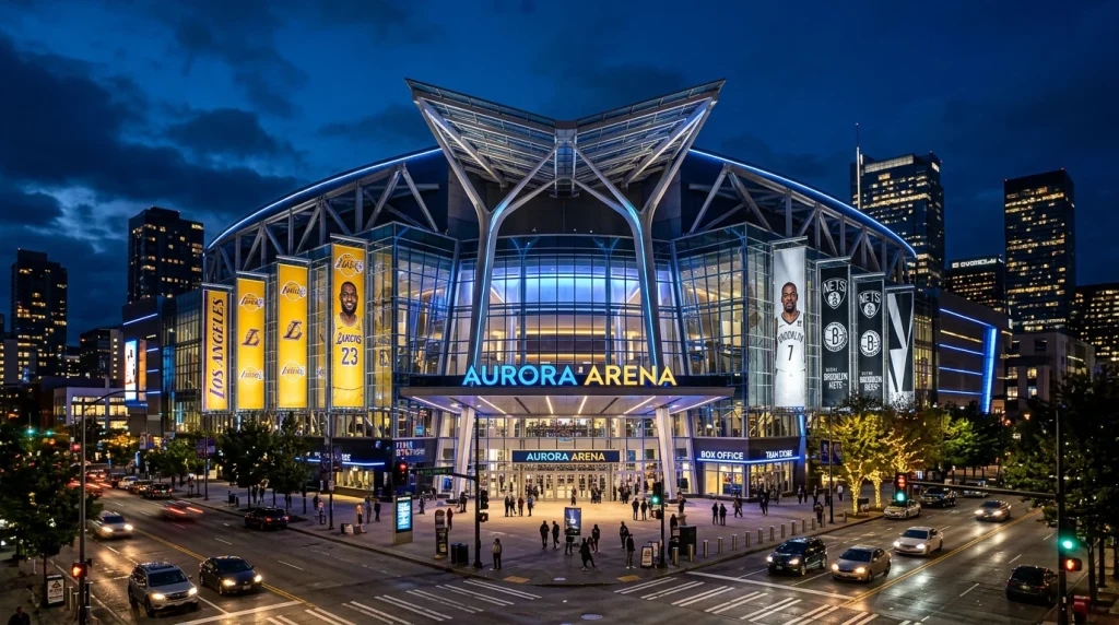 Exterior de pavilhão NBA com fachada moderna e iluminação noturna