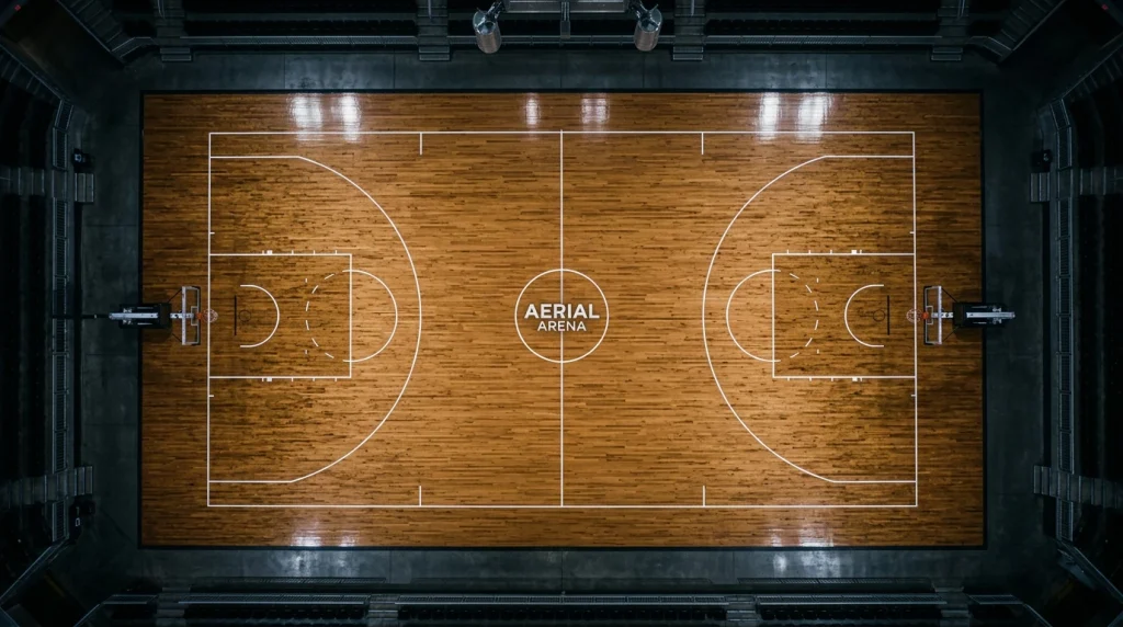 Campo de basquetebol visto de cima com linhas de marcação do recinto