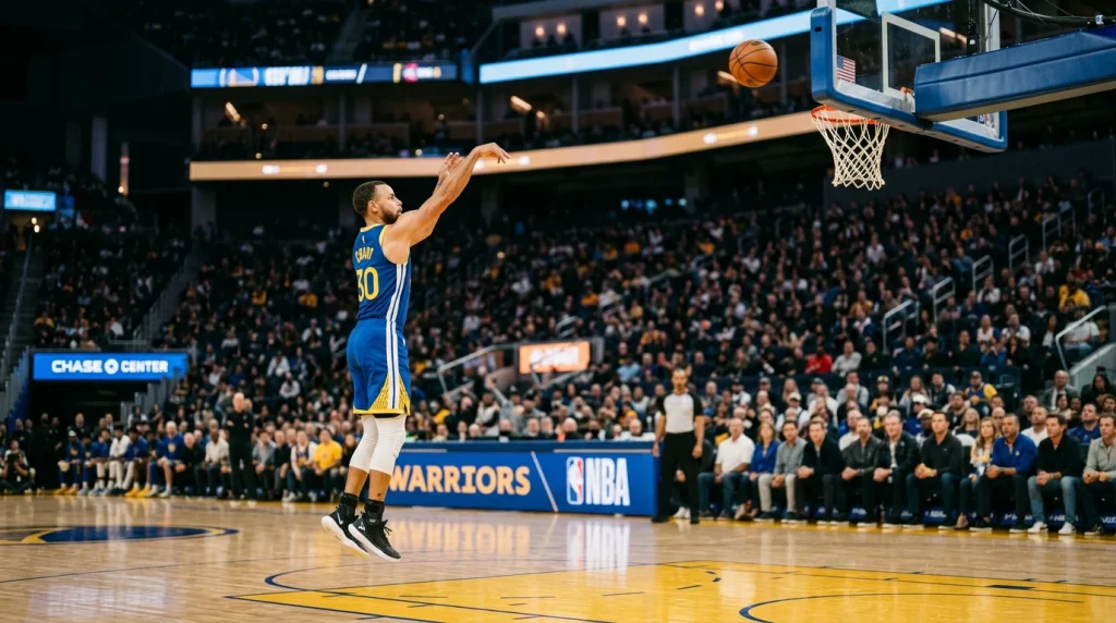 Jogador de basquetebol em posição de lançamento num pavilhão com iluminação profissional