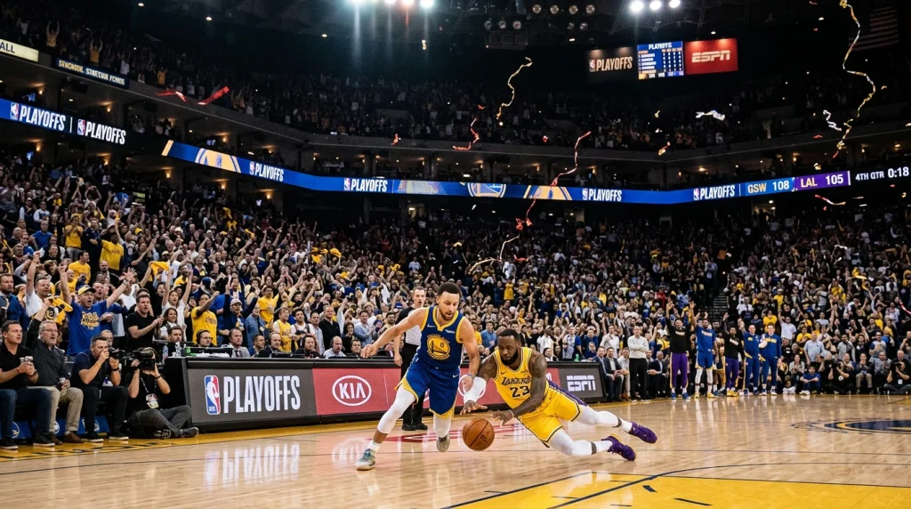 Pavilhão de basquetebol em ambiente de playoffs com iluminação dramática e bancadas cheias