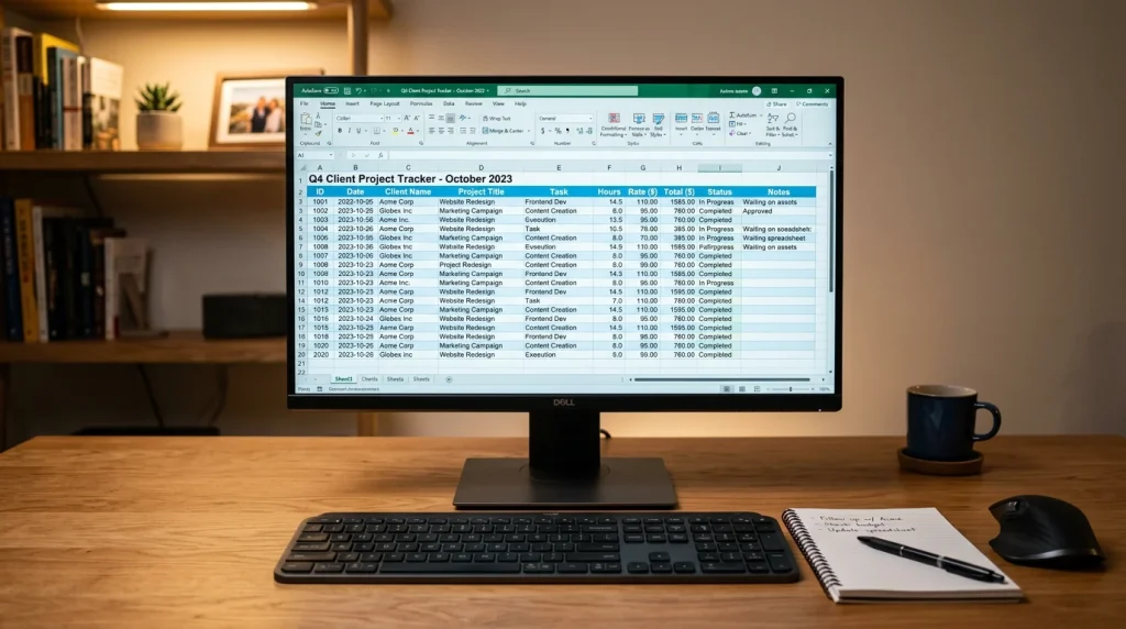 Folha de cálculo aberta em computador com registos de dados e caneta ao lado