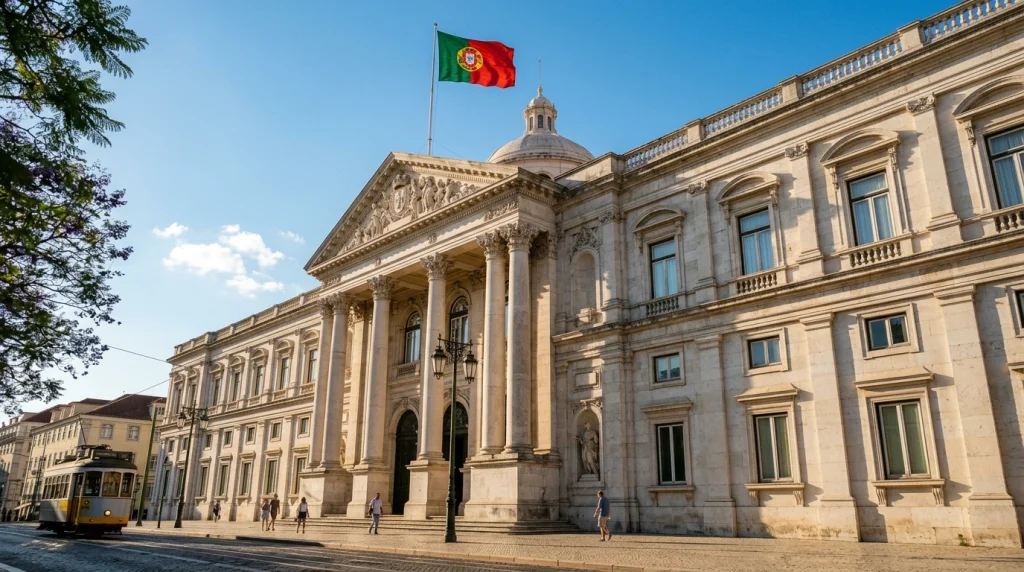 Edifício institucional em Lisboa com bandeira portuguesa e arquitectura clássica