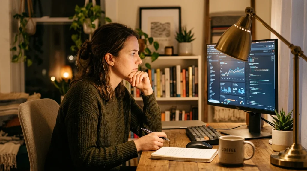 Pessoa pensativa a olhar para dados num ecrã de computador numa sala iluminada